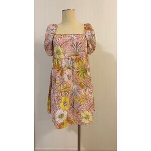 LOFT Outlet Floral Mini Dress Size 6 Pink Puff Sleeve Square Neck Cottagecore